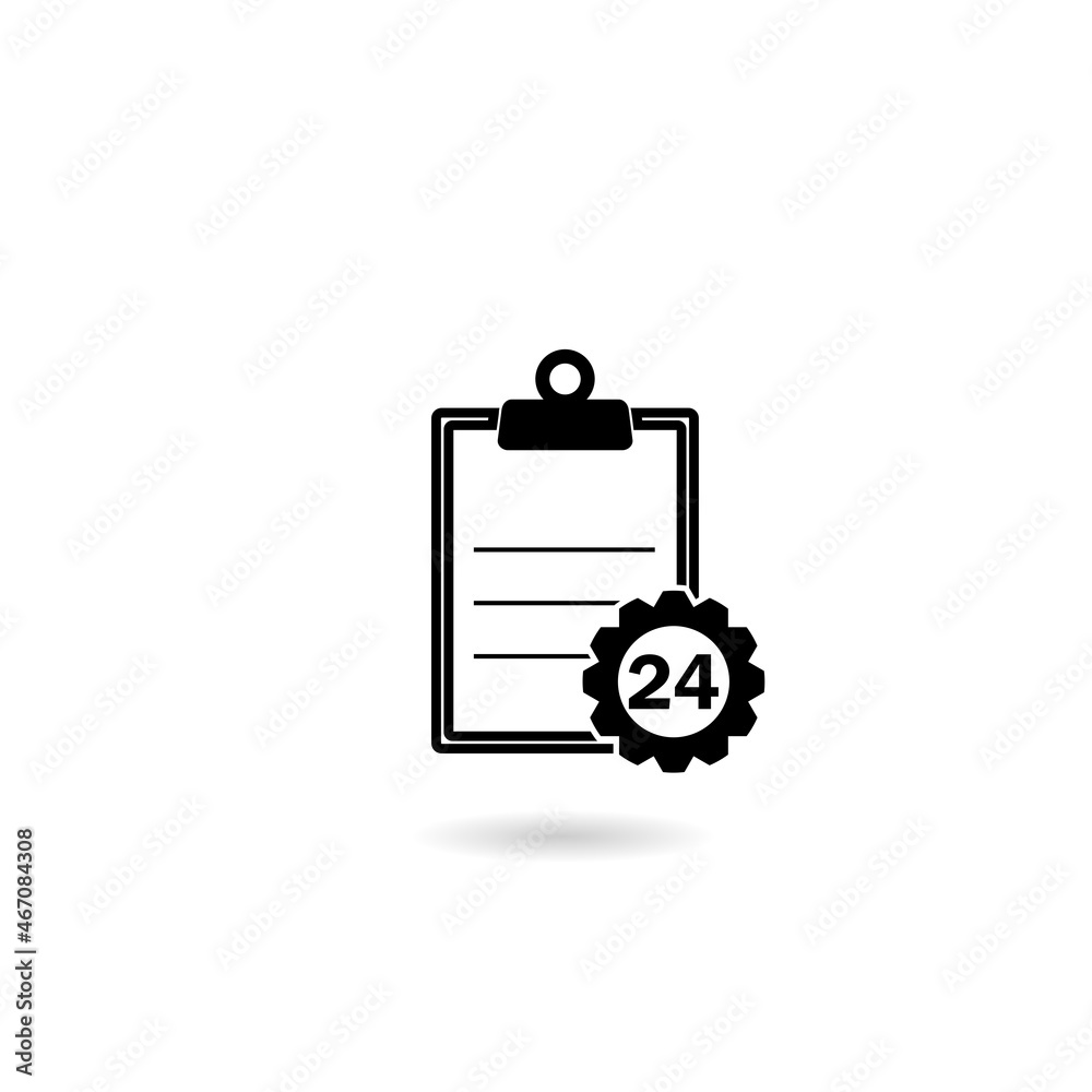 Checklist clipboard with 24 hours service icon with shadow isolated on white background