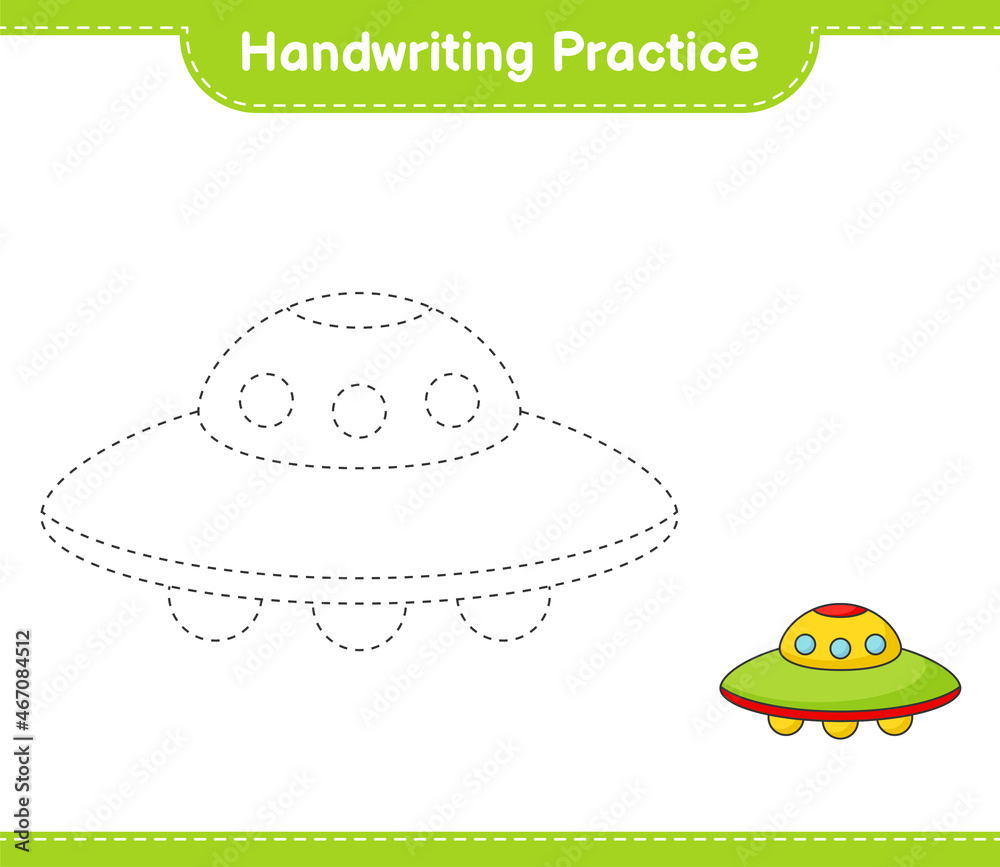 Handwriting practice. Tracing lines of Ufo. Educational children game, printable worksheet, vector illustration Handwriting practice. Tracing lines of Ufo. Educational children game, printable worksheet, vector illustration