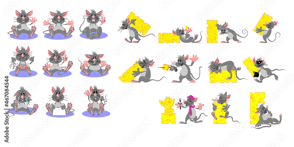 Funny mouse cartoon character in different actions sticker set. Emoticons with rat sitting and cheese flat vector illustrations isolated on white background. Animals concept for birthday card design
