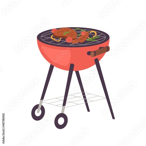 BBQ grill cooking meat steak, sausages and vegetables. Picnic device for barbecue party. Barbeque equipment, brazier with food, summer meal. Flat vector illustration isolated on white background