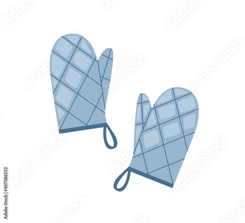 Oven mitts. Kitchen safety gloves with quilted squares. Pair of hand potholders with loops hangers. Pot holders for protection from hot. Flat vector illustration isolated on white background