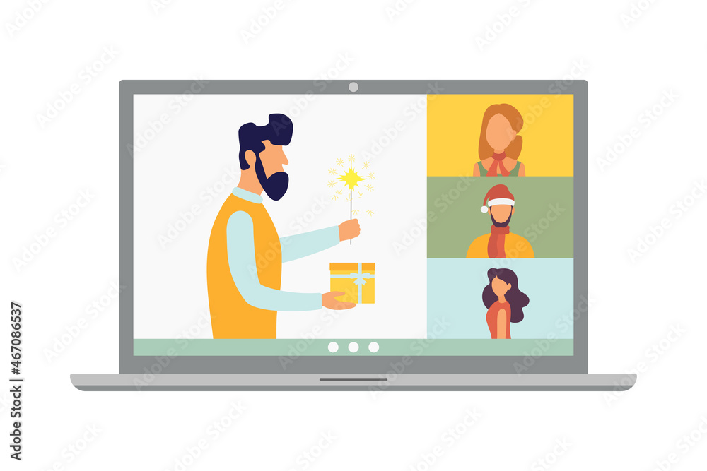 Christmas virtual meeting. Video call with friends at home. Vector illustration.