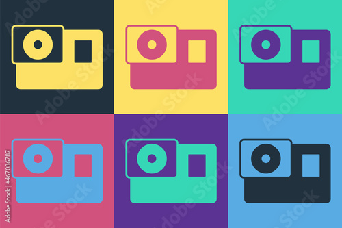 Pop art Action extreme camera icon isolated on color background. Video camera equipment for filming extreme sports. Vector