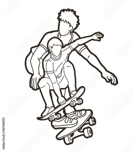 Group of People Playing Skateboard Together Skateboarder Action Extreme Sport Cartoon Graphic Vector