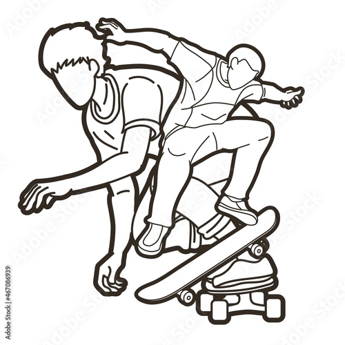 Group of People Playing Skateboard Together Skateboarder Action Extreme Sport Cartoon Graphic Vector © sila5775