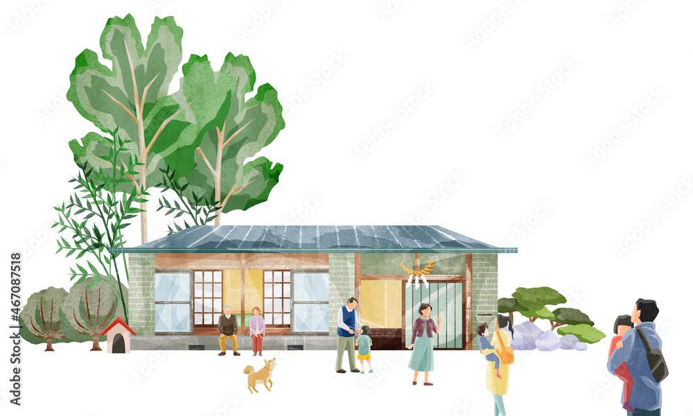 お正月に実家に帰省する家族の手描き水彩風イラスト Stock イラスト Adobe Stock