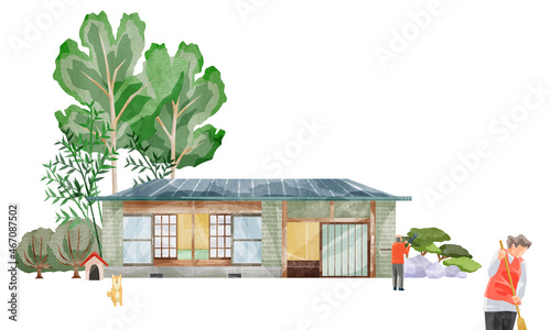平家建ての庭の手入れをする老夫婦の手描き水彩風イラスト