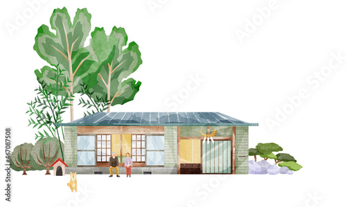 平家建てに住む老夫婦の手描き水彩風イラスト