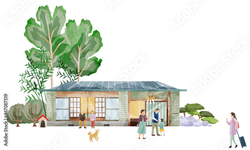 Photography お正月に実家に帰省する家族の手描き水彩風イラスト