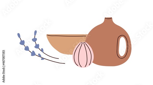 Ceramic and clay crockery, vases and bowl for home decoration. Pottery and flowers composition for modern minimalistic interior decor. Flat vector illustration isolated on white background