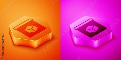 Isometric 3D printer icon isolated on orange and pink background. 3d printing. Hexagon button. Vector