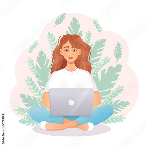 Woman sits at a laptop while sitting in nature. Flat vector illustration of freelance, work at home, work, office, education. Remote work and communication in social networks. Cartoon style
