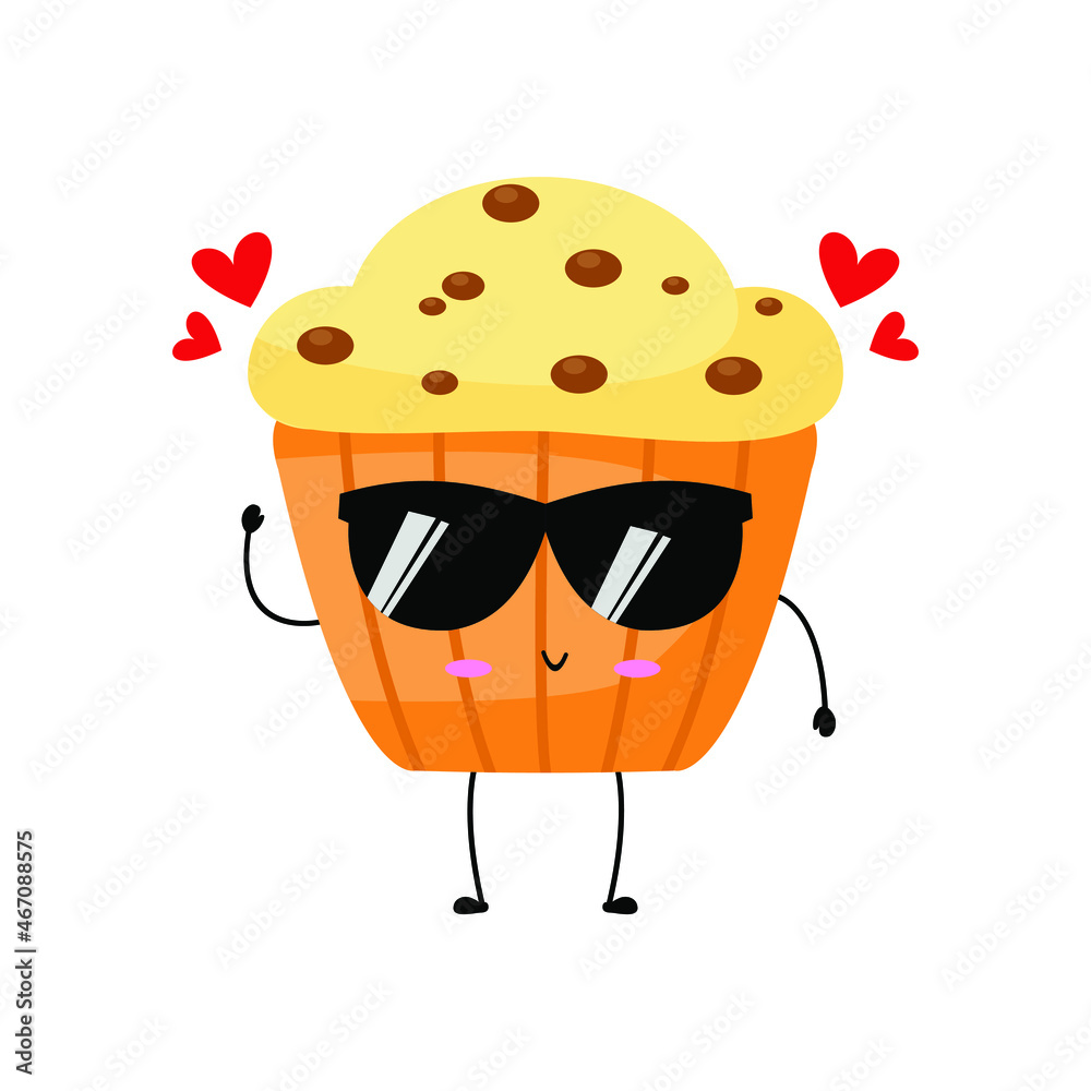 Kawaii cartoon of muffin character.   sweet dessert. Illustration emoji muffin in flat style. lovely with sunglasses