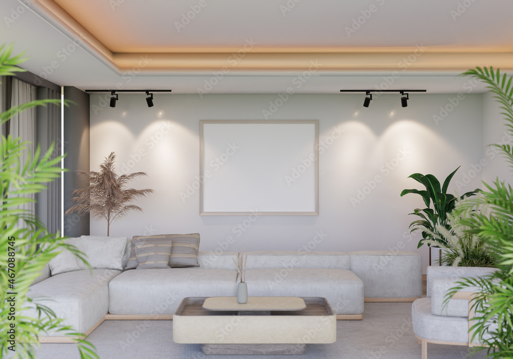 3D illustration Mockup photo frame in lounge room rendering 3D illustration Mockup photo frame in lounge room rendering