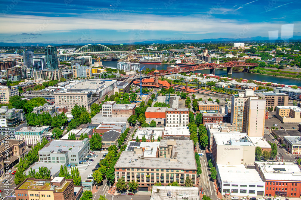 PORTLAND, OR - AUGUST 18, 2017: Aerial view of city buildings on