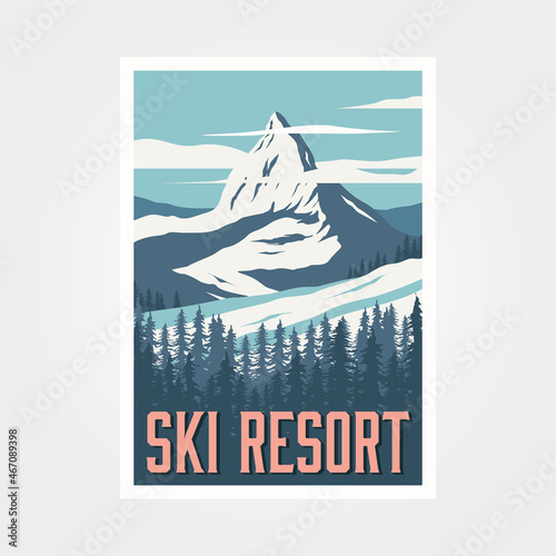 ski resort winter travel poster vintage vector illustration design, the matterhorn mountain in switzerland