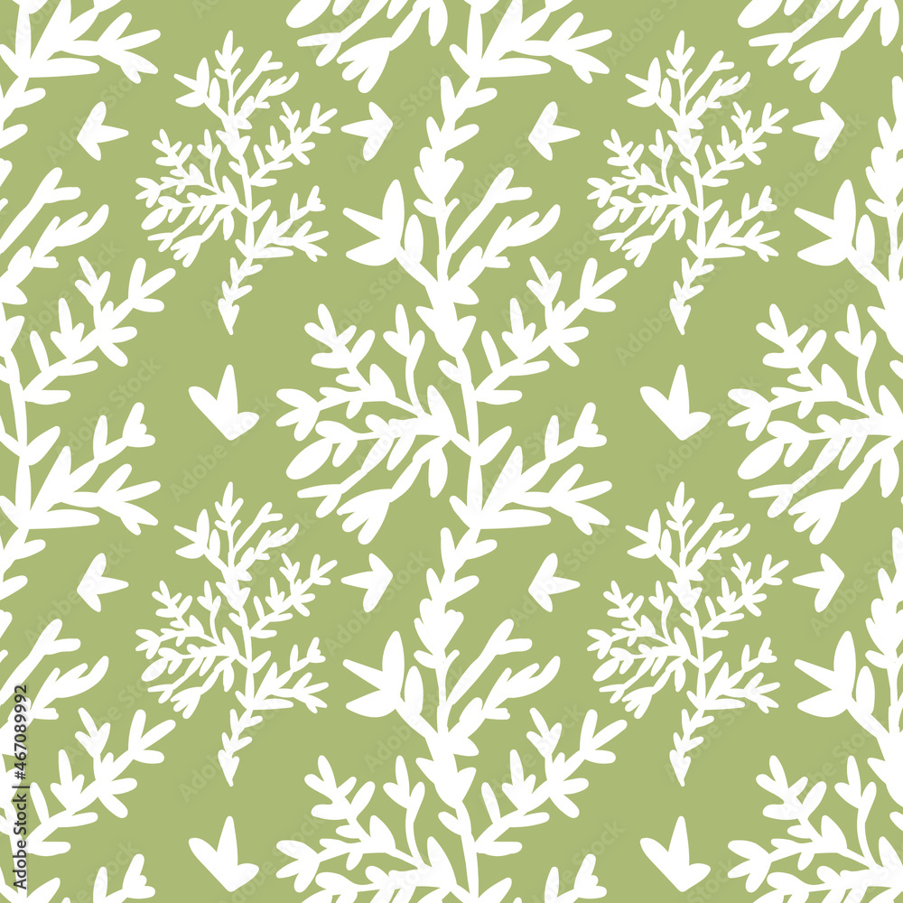 Seamless vector pattern with Christmas botanicals in white line on sage green background.Winter,floral,holiday print in doodle style hand drawn.Designs for textile,wrapping paper,fabric,scrapbooking.
