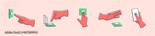 Fingers pressing control buttons. Set of hands touching, pushing, hitting and tapping for switching on and off, activating and starting smth. Isolated colored flat graphic vector illustration