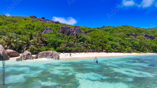 Anse Source Argent, La Digue. Amazing aerial view from drone on a beautiful sunny day © jovannig