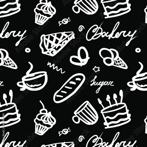 White lined dessert vector patternon the black. Cupcake, pretzel, ice cream, cake, pie, cups, coffee, candies, sugar, bakery lettering. Food elements banner, poster. postcard. Doodle. Sweets.