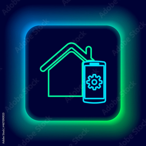 Glowing neon line Smart home - remote control system icon isolated on black background. Colorful outline concept. Vector