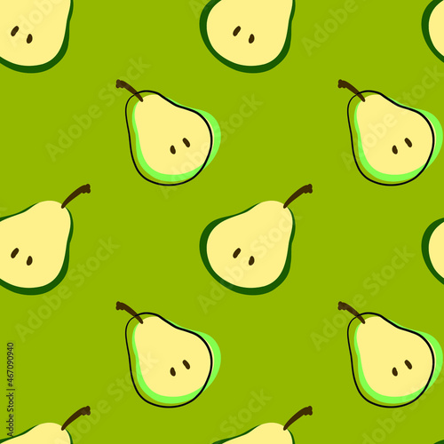 Fresh rape green pears vector pattern on the bright greenbackground. Simple sliced pear pattern. Endless illustration. Green and yellow autumn fruit. Sweet, tasty organic food.