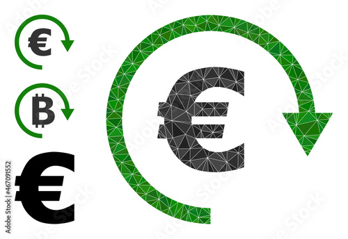 Low-poly Euro repay icon, and bonus icons. Polygonal Euro repay vector is constructed of randomized triangles. Flat geometric 2d modeling illustration is based on Euro repay icon.