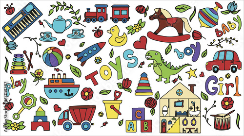 Vector toys doodle stickers set. Hand draw collection of toys icons for baby shower or scrapbook. Cute illustration for children