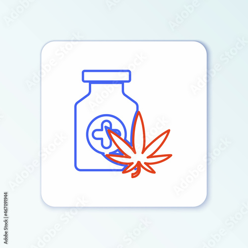 Line Medical bottle with marijuana or cannabis leaf icon isolated on white background. Mock up of cannabis oil extracts in jars. Colorful outline concept. Vector