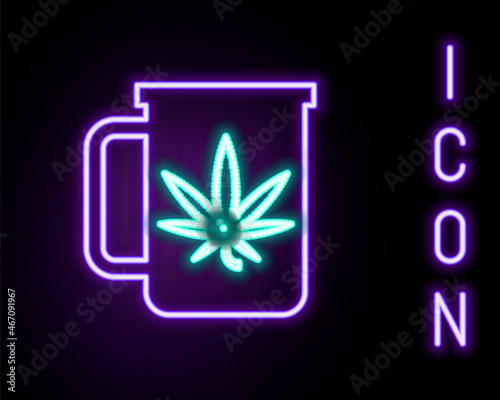 Glowing neon line Cup tea with marijuana or cannabis leaf icon isolated on black background. Marijuana legalization. Hemp symbol. Colorful outline concept. Vector