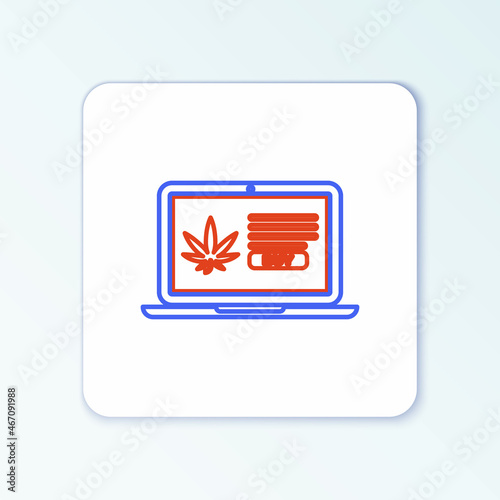 Line Laptop and medical marijuana or cannabis leaf icon isolated on white background. Online buying symbol. Supermarket basket. Colorful outline concept. Vector