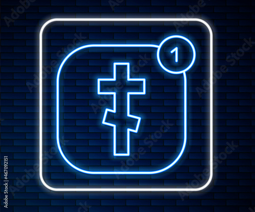 Glowing neon line Online church pastor preaching video streaming icon isolated on brick wall background. Online church of Jesus Christ. Vector