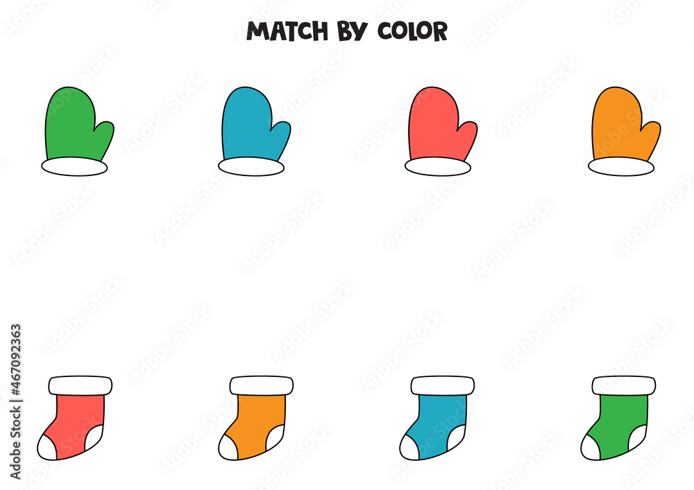 Color matching game for preschool kids. Match mittens and socks by colors.