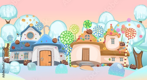 Candy hut in winter forest with trees of ice cream with nuts. Sweet caramel fairy house. Summer cute landscape. Illustration in cartoon style flat design. Picture for children. Vector