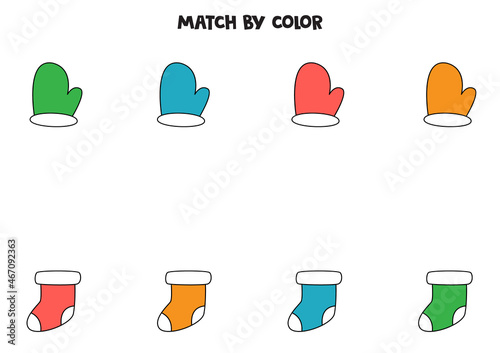Color matching game for preschool kids. Match mittens and socks by colors.