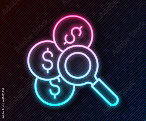 Glowing neon line Search for money icon isolated on black background. Vector