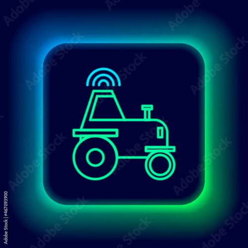 Glowing neon line Self driving wireless tractor on a smart farm icon isolated on black background. Smart agriculture implement element. Colorful outline concept. Vector