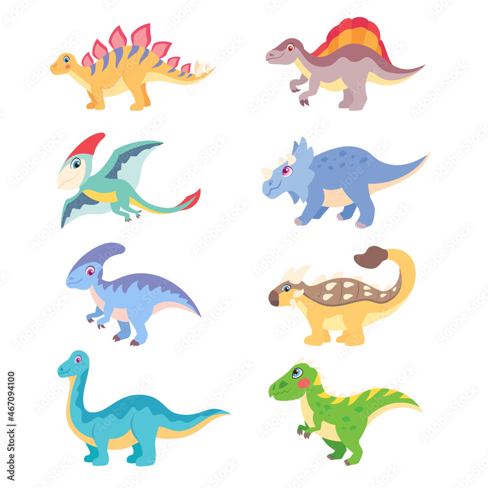 Fototapeta premium Dinosaur cartoon vector Set. Spinosaurus, Spinosaurus, Pterodactyl, Triceratops, Parasaurolophus, Ankylosaurus, Brachiosaurus, Tyrannosaurus