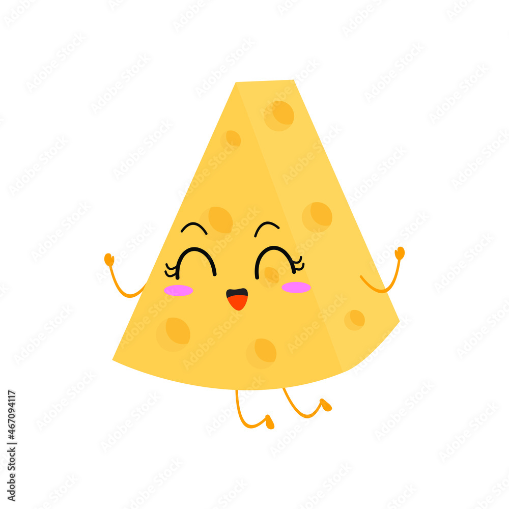 Kawaii cartoon of triangular cheese slice. Character of cute sliced cheese. chibi mascot. Illustration emoji cheese in flat style. jump, happy