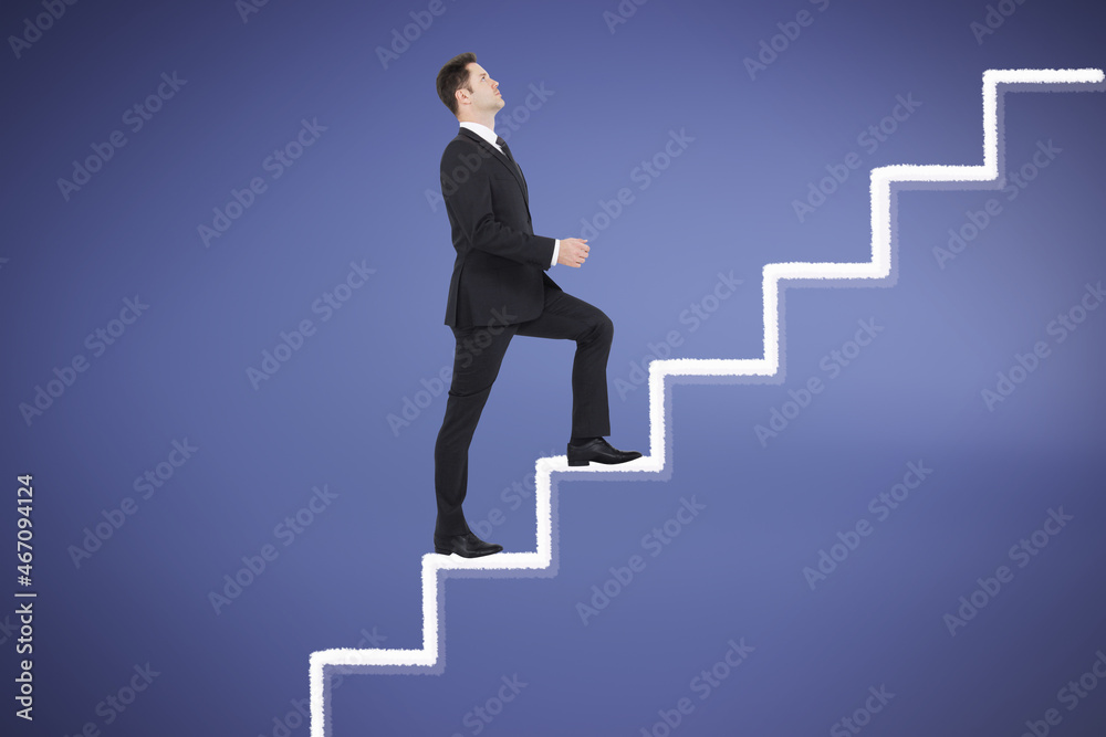 Attractive young european businessman walking up on abstract stairs on purple background. Success and career growth concept.