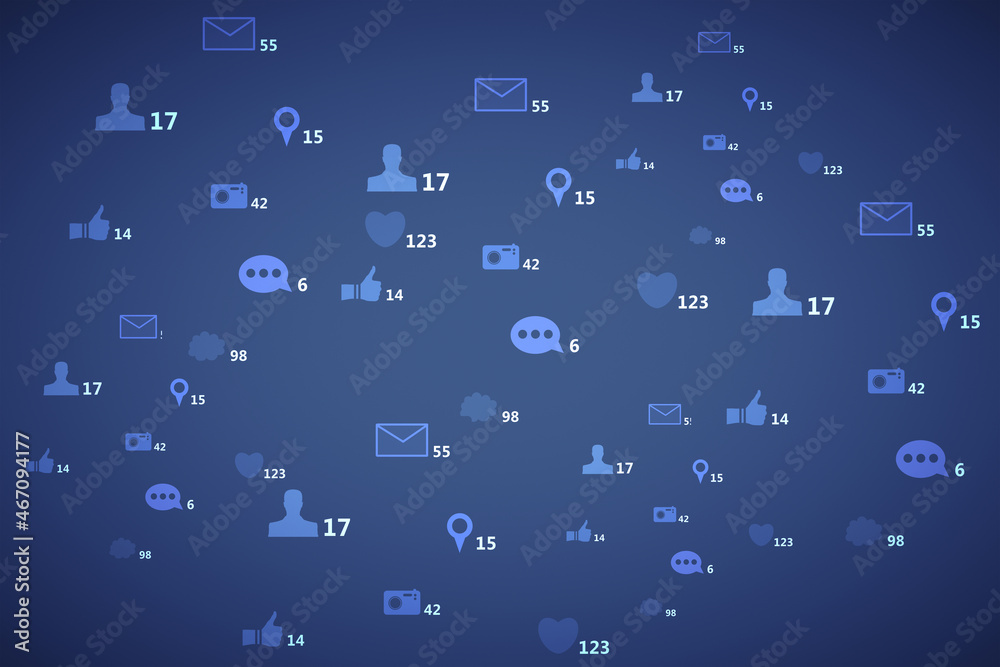 Creative social media icons on blue background. Like, network, technology and communication concept. 3D Rendering.