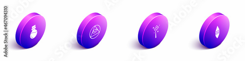 Set Isometric Bottle with potion, Masons, Magic staff and Wizard warlock icon. Vector