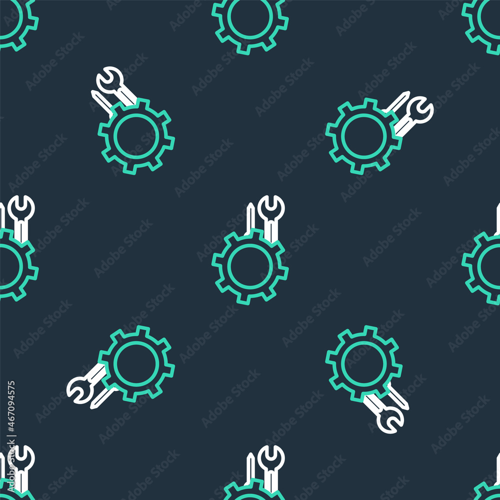 Line Wrench and screwdriver in gear icon isolated seamless pattern on black background. Adjusting, service, setting, maintenance, repair, fixing. Vector