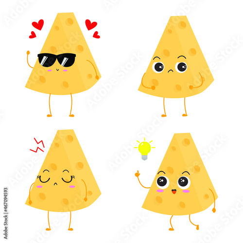 Kawaii cartoon of triangular cheese slice. Character of cute sliced cheese. chibi mascot. Illustration emoji cheese in flat style. collection of cute expression 2