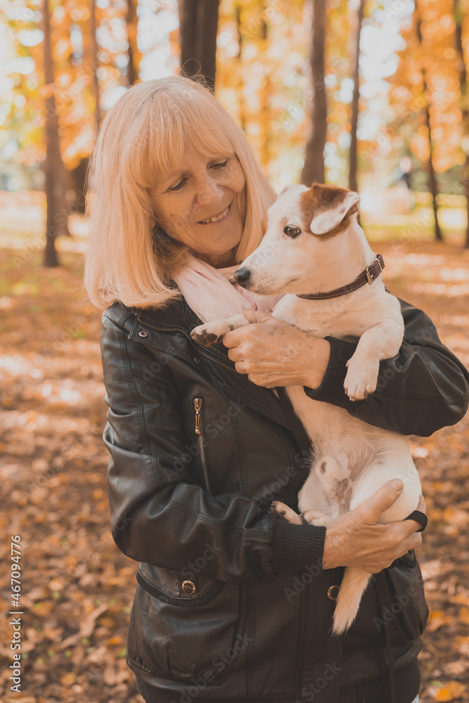 Senior smiling woman hugging her dog in autumn park. Active aging and pet concept. Senior smiling woman hugging her dog in autumn park. Active aging and pet concept.