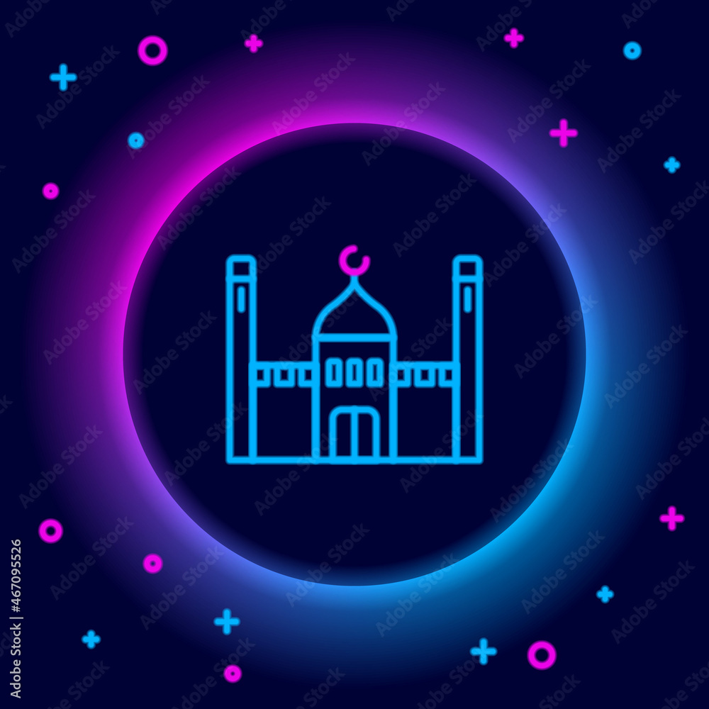 Glowing neon line Muslim Mosque icon isolated on black background. Colorful outline concept. Vector Glowing neon line Muslim Mosque icon isolated on black background. Colorful outline concept. Vector