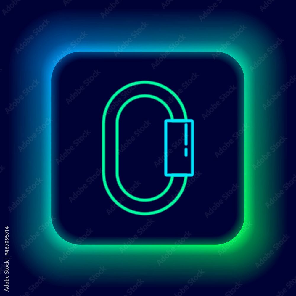 Glowing neon line Carabiner icon isolated on black background. Extreme sport. Sport equipment. Colorful outline concept. Vector Glowing neon line Carabiner icon isolated on black background. Extreme sport. Sport equipment. Colorful outline concept. Vector
