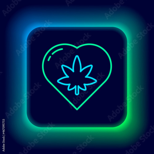 Glowing neon line Marijuana leaf in heart shape icon isolated on black background. Hemp symbol. Colorful outline concept. Vector