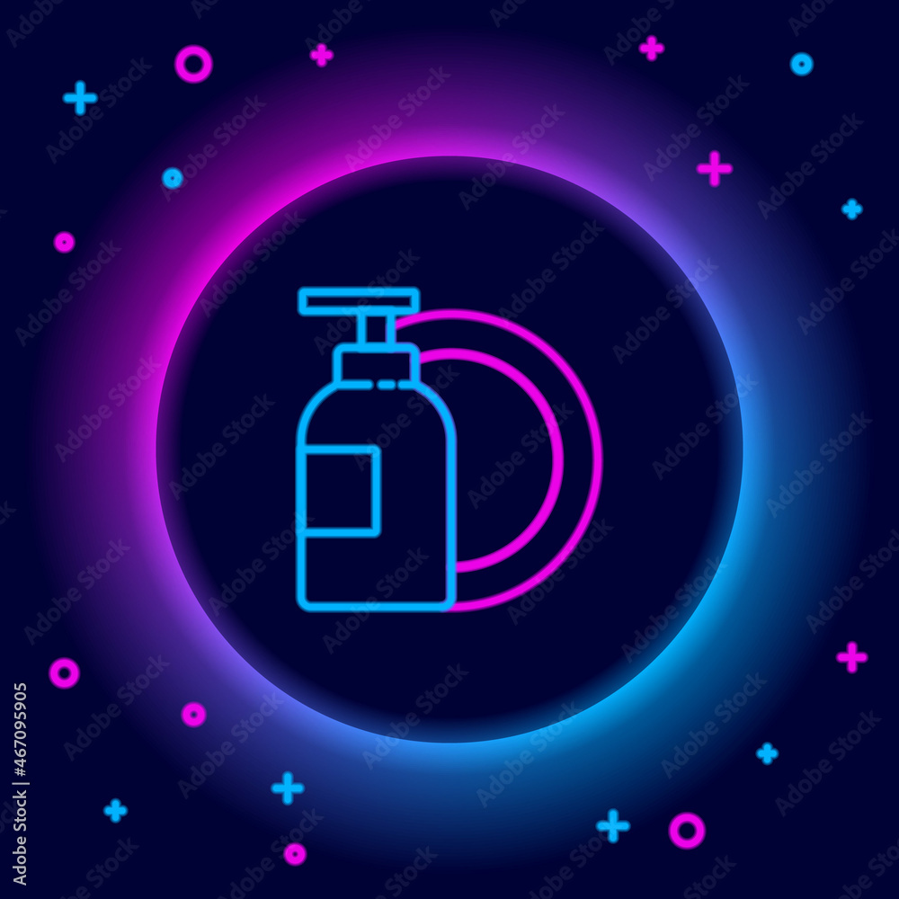 Glowing neon line Dishwashing liquid bottle and plate icon isolated on black background. Liquid detergent for washing dishes. Colorful outline concept. Vector Glowing neon line Dishwashing liquid bottle and plate icon isolated on black background. Liquid detergent for washing dishes. Colorful outline concept. Vector