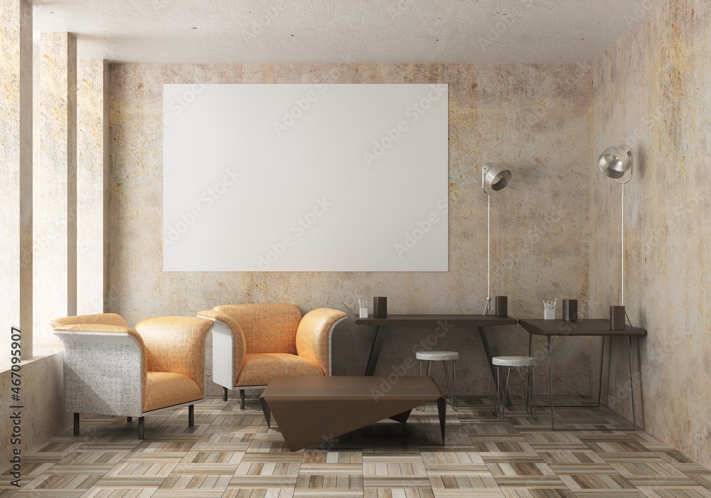 3D Mockup photo frame in Modern interior work area 3D Mockup photo frame in Modern interior work area